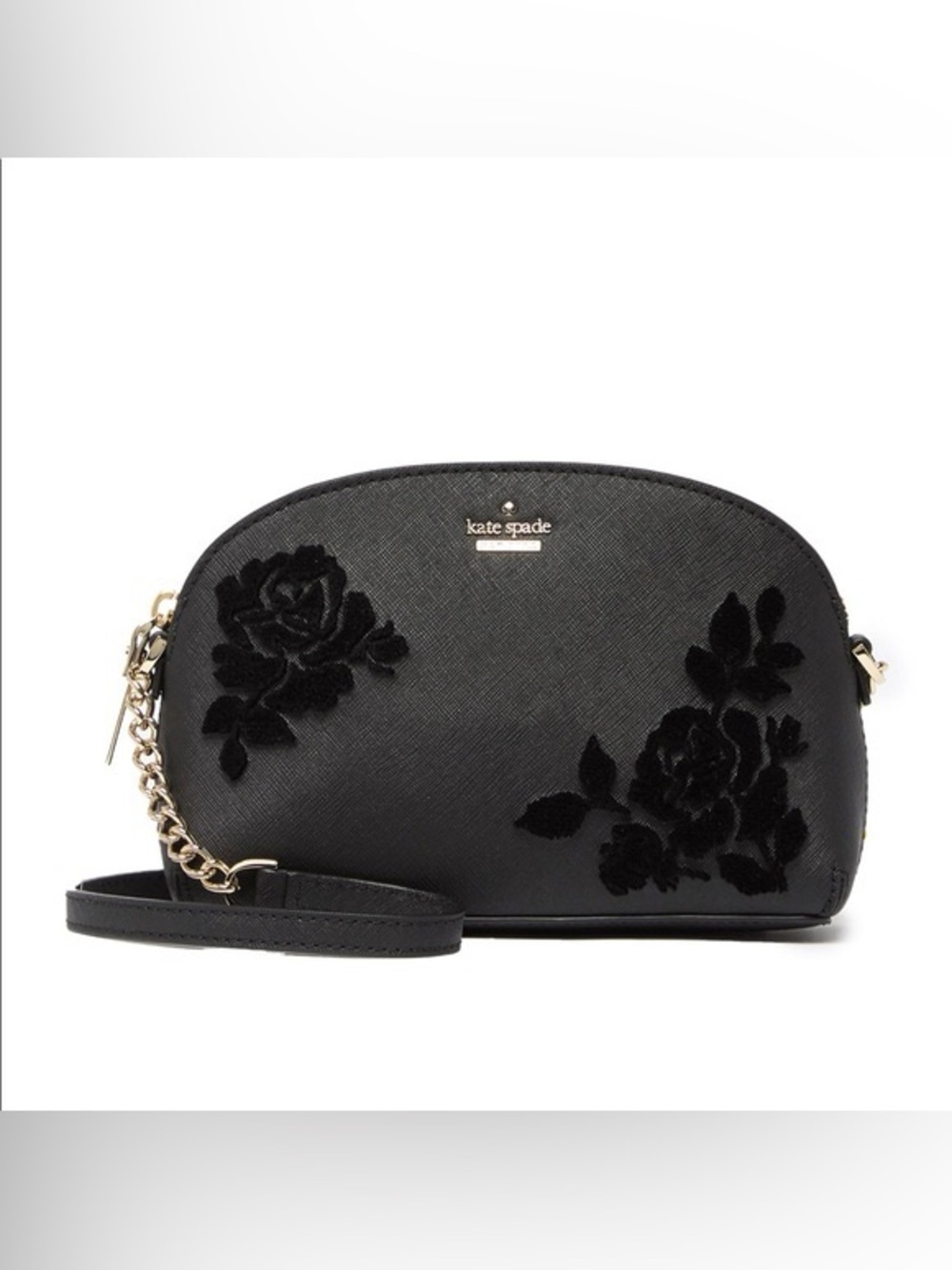 kate spade Black Floral Tessa Velvet Appliqué Dome Crossbody with Gold Chain